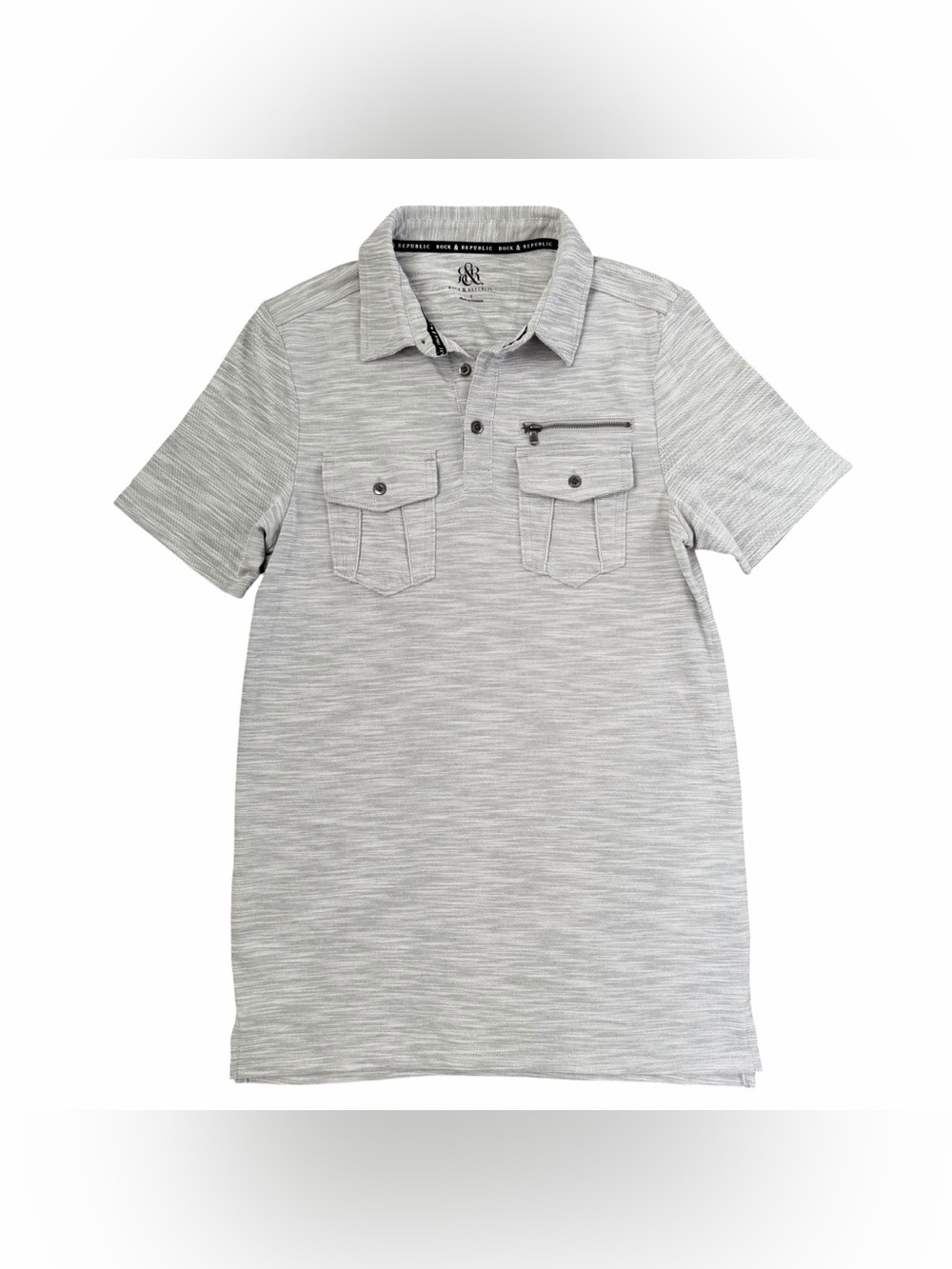 Rock & Republic Shirt Mens Size Small Polo Heather Grey Double Pocket Zip